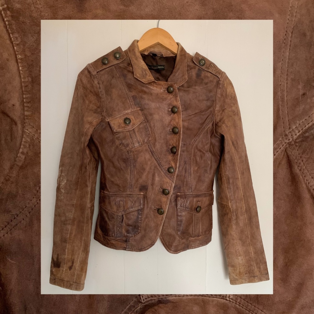 Genuine soft brown leather steampunk jacket with cool design size XS